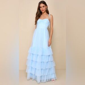Lulus Endlessly Darling Light Blue Mesh Tiered Tie Strap Maxi Dress Sz Small